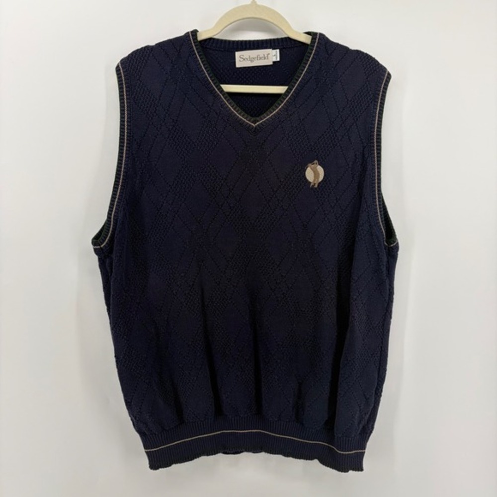 Sedgefield Mens‎ Navy Diamond Knit Argyle Logo V Neck Sweater Vest Large